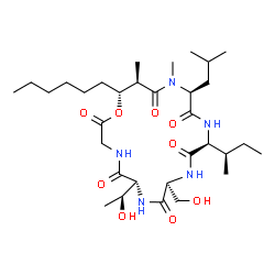 ChemSpider 2D Image | (6R,9S,12S,15S,18R,19R)-12-[(2R)-2-Butanyl]-19-hexyl-6-[(1S)-1-hydroxyethyl]-9-(hydroxymethyl)-15-isobutyl-16,18-dimethyl-1-oxa-4,7,10,13,16-pentaazacyclononadecane-2,5,8,11,14,17-hexone | C32H57N5O9