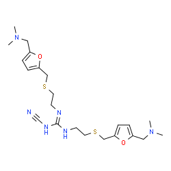 ChemSpider 2D Image | 1-Cyano-2,3-bis{2-[({5-[(dimethylamino)methyl]-2-furyl}methyl)sulfanyl]ethyl}guanidine | C22H34N6O2S2