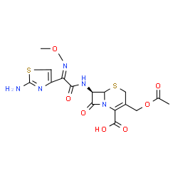 ChemSpider 2D Image | (7R)-3-(Acetoxymethyl)-7-{[(2E)-2-(2-amino-1,3-thiazol-4-yl)-2-(methoxyimino)acetyl]amino}-8-oxo-5-thia-1-azabicyclo[4.2.0]oct-2-ene-2-carboxylic acid | C16H17N5O7S2