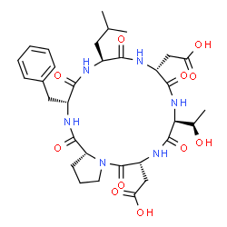 ChemSpider 2D Image | Cyclo(D-alpha-aspartyl-D-prolyl-D-phenylalanyl-L-leucyl-D-alpha-aspartyl-L-threonyl) | C32H44N6O11