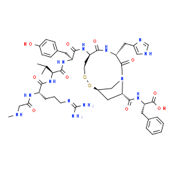 ChemSpider 2D Image | N-Methylglycyl-L-arginyl-L-valyl-N-[(3R,6R,11R,13S)-13-{[(1S)-1-carboxy-2-phenylethyl]carbamoyl}-3-(1H-imidazol-4-ylmethyl)-2,5-dioxo-9,10-dithia-1,4-diazabicyclo[9.2.1]tetradec-6-yl]-L-tyrosinamide | C47H65N13O10S2