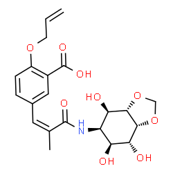 ChemSpider 2D Image | 2-(Allyloxy)-5-[(1Z)-2-methyl-3-oxo-3-{[(3aS,4R,5R,6S,7R,7aR)-4,6,7-trihydroxyhexahydro-1,3-benzodioxol-5-yl]amino}-1-propen-1-yl]benzoic acid | C21H25NO9