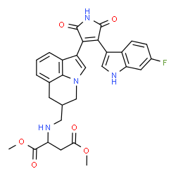 ChemSpider 2D Image | Dimethyl N-({1-[4-(6-fluoro-1H-indol-3-yl)-2,5-dioxo-2,5-dihydro-1H-pyrrol-3-yl]-5,6-dihydro-4H-pyrrolo[3,2,1-ij]quinolin-5-yl}methyl)aspartate | C30H27FN4O6