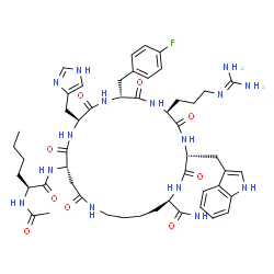 ChemSpider 2D Image | (3R,6S,9R,12S,15S,23R)-15-[(N-Acetyl-L-norleucyl)amino]-6-(3-carbamimidamidopropyl)-9-(4-fluorobenzyl)-12-(1H-imidazol-4-ylmethyl)-3-(1H-indol-3-ylmethyl)-2,5,8,11,14,17-hexaoxo-1,4,7,10,13,18-hexaaza
cyclotricosane-23-carboxamide | C50H68FN15O9