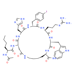 ChemSpider 2D Image | (3R,6S,9R,12S,15S,23R)-15-[(N-Acetyl-L-norleucyl)amino]-6-(3-carbamimidamidopropyl)-12-(1H-imidazol-4-ylmethyl)-3-(1H-indol-3-ylmethyl)-9-(4-iodobenzyl)-2,5,8,11,14,17-hexaoxo-1,4,7,10,13,18-hexaazacy
clotricosane-23-carboxamide | C50H68IN15O9
