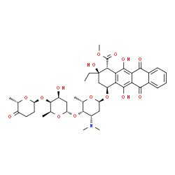 ChemSpider 2D Image | Methyl (1R,2R,4S)-2-ethyl-2,5,12-trihydroxy-6,11-dioxo-4-{[2,3,6-trideoxy-4-O-{2,6-dideoxy-4-O-[(2R,6S)-6-methyl-5-oxotetrahydro-2H-pyran-2-yl]-alpha-L-lyxo-hexopyranosyl}-3-(dimethylamino)-alpha-L-ly
xo-hexopyranosyl]oxy}-1,2,3,4,6,11-hexahydro-1-tetracenecarboxylate | C42H53NO15