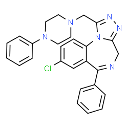 ChemSpider 2D Image | 8-Chloro-6-phenyl-1-[(4-phenyl-1-piperazinyl)methyl]-4H-[1,2,4]triazolo[4,3-a][1,4]benzodiazepine | C27H25ClN6