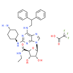 ChemSpider 2D Image | (2S,3S,4R,5R)-5-{2-[(trans-4-Aminocyclohexyl)amino]-6-[(2,2-diphenylethyl)amino]-9H-purin-9-yl}-N-ethyl-3,4-dihydroxytetrahydro-2-furancarboxamide trifluoroacetate (1:1) | C34H41F3N8O6