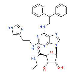 ChemSpider 2D Image | (2S,3S,4R,5R)-5-(6-[(2,2-Diphenylethyl)amino]-2-{[2-(1H-imidazol-4-yl)ethyl]amino}-9H-purin-9-yl)-N-ethyl-3,4-dihydroxytetrahydro-2-furancarboxamide | C31H35N9O4