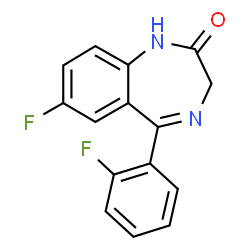 ChemSpider 2D Image | 7-Fluoro-5-(2-fluorophenyl)-1,3-dihydro-2H-1,4-benzodiazepin-2-one | C15H10F2N2O