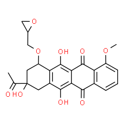 ChemSpider 2D Image | 8-Acetyl-6,8,11-trihydroxy-1-methoxy-10-(2-oxiranylmethoxy)-7,8,9,10-tetrahydro-5,12-tetracenedione | C24H22O9
