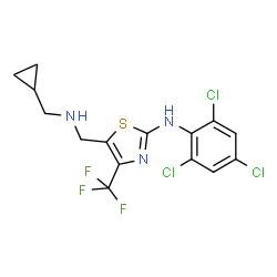 ChemSpider 2D Image | 5-{[(Cyclopropylmethyl)amino]methyl}-N-(2,4,6-trichlorophenyl)-4-(trifluoromethyl)-1,3-thiazol-2-amine | C15H13Cl3F3N3S
