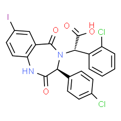 ChemSpider 2D Image | (2S)-(2-Chlorophenyl)[(3S)-3-(4-chlorophenyl)-7-iodo-2,5-dioxo-1,2,3,5-tetrahydro-4H-1,4-benzodiazepin-4-yl]acetic acid | C23H15Cl2IN2O4