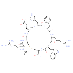 ChemSpider 2D Image | 3-[(4R,7S,10R,13R,16R,19S,22R)-22-[(N~2~-Acetyl-L-arginyl)amino]-13-benzyl-10-(3-carbamimidamidopropyl)-4-carbamoyl-16-(1H-imidazol-4-ylmethyl)-7-(1H-indol-3-ylmethyl)-6,9,12,15,18,21-hexaoxo-1,2-dith
ia-5,8,11,14,17,20-hexaazacyclotricosan-19-yl]propanoic acid | C51H70N18O11S2