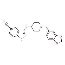 ChemSpider 2D Image | 3-{[1-(1,3-Benzodioxol-5-ylmethyl)-4-piperidinyl]amino}-1H-indazole-5-carbonitrile | C21H21N5O2