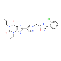 ChemSpider 2D Image | 8-(1-{[3-(2-Chlorophenyl)-1,2,4-oxadiazol-5-yl]methyl}-1H-pyrazol-4-yl)-1,3-dipropyl-3,7-dihydro-1H-purine-2,6-dione | C23H23ClN8O3