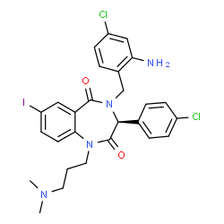 ChemSpider 2D Image | (3S)-4-(2-Amino-4-chlorobenzyl)-3-(4-chlorophenyl)-1-[3-(dimethylamino)propyl]-7-iodo-3,4-dihydro-1H-1,4-benzodiazepine-2,5-dione | C27H27Cl2IN4O2