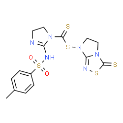 ChemSpider 2D Image | 4-methyl-N-(1-{[(3-thioxo-5,6-dihydro-7H-imidazo[2,1-c][1,2,4]thiadiazol-7-yl)sulfanyl]carbothioyl}-4,5-dihydro-1H-imidazol-2-yl)benzenesulfonamide | C15H16N6O2S5