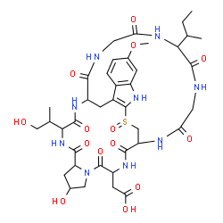 ChemSpider 2D Image | [34-sec-Butyl-8-hydroxy-13-(1-hydroxy-2-propanyl)-22-methoxy-27-oxido-2,5,11,14,30,33,36,39-octaoxo-27-thia-3,6,12,15,25,29,32,35,38-nonaazapentacyclo[14.12.11.0~6,10~.0~18,26~.0~19,24~]nonatriaconta-
18(26),19,21,23-tetraen-4-yl]acetic acid | C39H53N9O14S