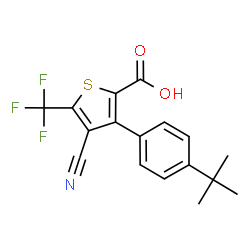 ChemSpider 2D Image | 4-Cyano-3-[4-(2-methyl-2-propanyl)phenyl]-5-(trifluoromethyl)-2-thiophenecarboxylic acid | C17H14F3NO2S