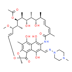 ChemSpider 2D Image | 2,7-(epoxy[1,11,13]pentadecatrienoimino)naphtho[2,1-b]furan-1,11(2H)-dione, 21-(acetyloxy)-5,6,9,17,19-pentahydroxy-23-methoxy-2,4,12,16,18,20,22-heptamethyl-8-[(E)-[(4-methyl-1-piperazinyl)imino]methyl]-, (2S,12Z,14E,16S,17S,18R,19S,20S,21S,22R,23S,24E)- | C43H58N4O12