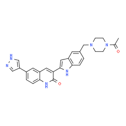 ChemSpider 2D Image | 3-{5-[(4-Acetyl-1-piperazinyl)methyl]-1H-indol-2-yl}-6-(1H-pyrazol-4-yl)-2(1H)-quinolinone | C27H26N6O2