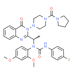 ChemSpider 2D Image | 1-(2,4-Dimethoxyphenyl)-3-(4-fluorophenyl)-1-(1-{4-oxo-3-[4-(1-pyrrolidinylcarbonyl)-1-piperazinyl]-3,4-dihydro-2-quinazolinyl}ethyl)urea | C34H38FN7O5