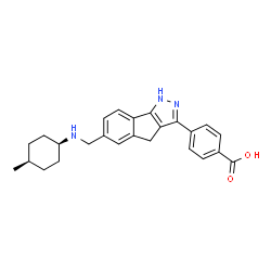 ChemSpider 2D Image | 4-(6-{[(cis-4-Methylcyclohexyl)amino]methyl}-1,4-dihydroindeno[1,2-c]pyrazol-3-yl)benzoic acid | C25H27N3O2