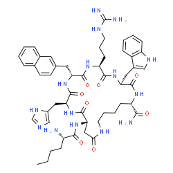 ChemSpider 2D Image | (3S,6S,9R,12S,15S,23S)-6-(3-Carbamimidamidopropyl)-12-(1H-imidazol-4-ylmethyl)-3-(1H-indol-3-ylmethyl)-9-(2-naphthylmethyl)-15-(L-norleucylamino)-2,5,8,11,14,17-hexaoxo-1,4,7,10,13,18-hexaazacyclotric
osane-23-carboxamide | C52H69N15O8