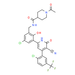 ChemSpider 2D Image | 1-Acetyl-N-(5-chloro-3-{4-[2-chloro-5-(trifluoromethyl)phenyl]-5-cyano-6-oxo-1,6-dihydro-2-pyridinyl}-2-hydroxybenzyl)-4-piperidinecarboxamide | C28H23Cl2F3N4O4