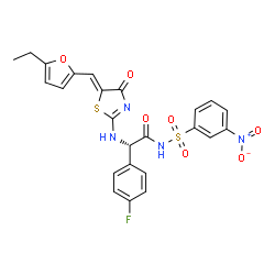 ChemSpider 2D Image | (2S)-2-({(5Z)-5-[(5-Ethyl-2-furyl)methylene]-4-oxo-4,5-dihydro-1,3-thiazol-2-yl}amino)-2-(4-fluorophenyl)-N-[(3-nitrophenyl)sulfonyl]acetamide | C24H19FN4O7S2