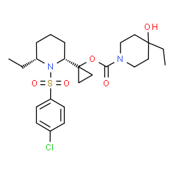 ChemSpider 2D Image | 1-{(2R,6R)-1-[(4-Chlorophenyl)sulfonyl]-6-ethyl-2-piperidinyl}cyclopropyl 4-ethyl-4-hydroxy-1-piperidinecarboxylate | C24H35ClN2O5S
