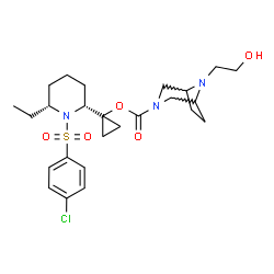 ChemSpider 2D Image | 1-{(2R,6R)-1-[(4-Chlorophenyl)sulfonyl]-6-ethyl-2-piperidinyl}cyclopropyl 8-(2-hydroxyethyl)-3,8-diazabicyclo[3.2.1]octane-3-carboxylate | C25H36ClN3O5S