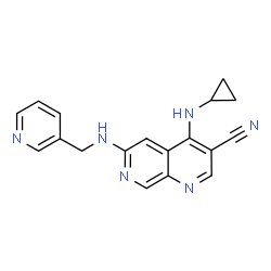 ChemSpider 2D Image | 4-(Cyclopropylamino)-6-[(3-pyridinylmethyl)amino]-1,7-naphthyridine-3-carbonitrile | C18H16N6