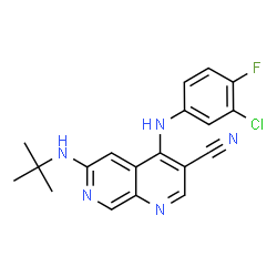 ChemSpider 2D Image | 6-(tert-butylamino)-4-[(3-chloro-4-fluorophenyl)amino]-1,7-naphthyridine-3-carbonitrile | C19H17ClFN5