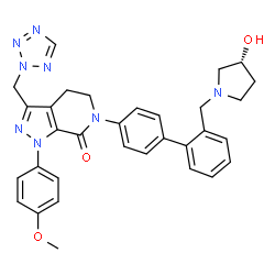 ChemSpider 2D Image | 6-(2'-{[(3R)-3-Hydroxy-1-pyrrolidinyl]methyl}-4-biphenylyl)-1-(4-methoxyphenyl)-3-(2H-tetrazol-2-ylmethyl)-1,4,5,6-tetrahydro-7H-pyrazolo[3,4-c]pyridin-7-one | C32H32N8O3