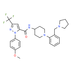 ChemSpider 2D Image | 1-(4-Methoxyphenyl)-N-{1-[2-(1-pyrrolidinylmethyl)phenyl]-4-piperidinyl}-3-(trifluoromethyl)-1H-pyrazole-5-carboxamide | C28H32F3N5O2