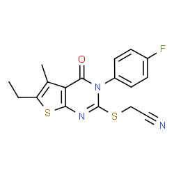 ChemSpider 2D Image | {[6-Ethyl-3-(4-fluorophenyl)-5-methyl-4-oxo-3,4-dihydrothieno[2,3-d]pyrimidin-2-yl]sulfanyl}acetonitrile | C17H14FN3OS2