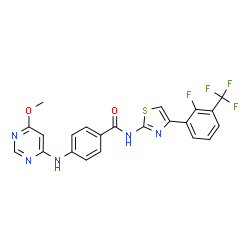 ChemSpider 2D Image | N-{4-[2-Fluoro-3-(trifluoromethyl)phenyl]-1,3-thiazol-2-yl}-4-[(6-methoxy-4-pyrimidinyl)amino]benzamide | C22H15F4N5O2S