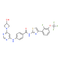 ChemSpider 2D Image | N-{4-[2-Fluoro-3-(trifluoromethoxy)phenyl]-1,3-thiazol-2-yl}-4-{[6-(3-hydroxy-1-azetidinyl)-4-pyrimidinyl]amino}benzamide | C24H18F4N6O3S