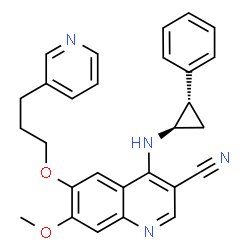 ChemSpider 2D Image | 7-Methoxy-4-{[(1R,2S)-2-phenylcyclopropyl]amino}-6-[3-(3-pyridinyl)propoxy]-3-quinolinecarbonitrile | C28H26N4O2