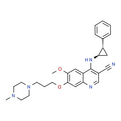 ChemSpider 2D Image | 6-Methoxy-7-[3-(4-methyl-1-piperazinyl)propoxy]-4-{[(1R,2S)-2-phenylcyclopropyl]amino}-3-quinolinecarbonitrile | C28H33N5O2