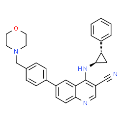 ChemSpider 2D Image | 6-[4-(4-Morpholinylmethyl)phenyl]-4-{[(1R,2S)-2-phenylcyclopropyl]amino}-3-quinolinecarbonitrile | C30H28N4O