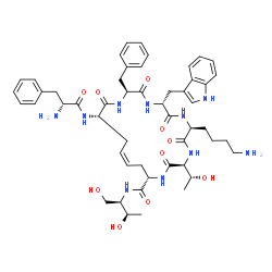 ChemSpider 2D Image | (2S,5R,8S,11S,14S,16Z,19S)-8-(4-aminobutyl)-2-benzyl-N-[(2R,3R)-1,3-dihydroxybutan-2-yl]-11-[(1R)-1-hydroxyethyl]-5-(1H-indol-3-ylmethyl)-3,6,9,12,20-pentaoxo-19-(D-phenylalanylamino)-1,4,7,10,13-pentaazacycloicos-16-ene-14-carboxamide | C51H68N10O10