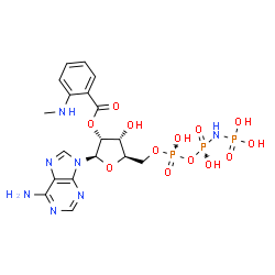 ChemSpider 2D Image | 5'-O-(Hydroxy{[hydroxy(phosphonoamino)phosphoryl]oxy}phosphoryl)-2'-O-[2-(methylamino)benzoyl]adenosine | C18H24N7O13P3