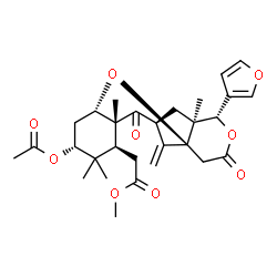 ChemSpider 2D Image | Methyl [(1S,3S,5R,7S,8R,10S,12S,13S)-5-acetoxy-13-(3-furyl)-6,6,8,12-tetramethyl-17-methylene-9,15-dioxo-2,14-dioxatetracyclo[8.6.1.0~1,12~.0~3,8~]heptadec-7-yl]acetate | C29H36O9