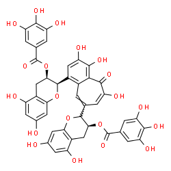 ChemSpider 2D Image | (2R,3R)-2-(8-{(3S)-5,7-dihydroxy-3-[(3,4,5-trihydroxybenzoyl)oxy]-3,4-dihydro-2H-chromen-2-yl}-3,4,6-trihydroxy-5-oxo-5H-benzo[7]annulen-1-yl)-5,7-dihydroxy-3,4-dihydro-2H-chromen-3-yl 3,4,5-trihydroxybenzoate | C43H32O20