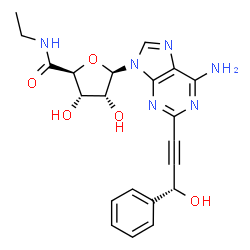 ChemSpider 2D Image | (2S,3S,4R,5R)-5-{6-Amino-2-[(3R)-3-hydroxy-3-phenyl-1-propyn-1-yl]-9H-purin-9-yl}-N-ethyl-3,4-dihydroxytetrahydro-2-furancarboxamide | C21H22N6O5