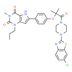ChemSpider 2D Image | 6-[4-({1-[4-(6-Chloro-1,3-benzothiazol-2-yl)-1-piperazinyl]-2-methyl-1-oxo-2-propanyl}oxy)phenyl]-3-methyl-1-propyl-1H-pyrrolo[3,2-d]pyrimidine-2,4(3H,5H)-dione | C31H33ClN6O4S