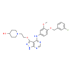 ChemSpider 2D Image | 1-(2-{[4-({4-[(3-Fluorobenzyl)oxy]-3-methoxyphenyl}amino)-1H-pyrazolo[3,4-d]pyrimidin-3-yl]oxy}ethyl)-4-piperidinol | C26H29FN6O4